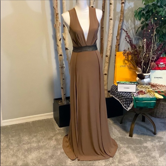 Dresses & Skirts - Double High Slit Plunging V-Neck Bronze Maxi Dress NWT